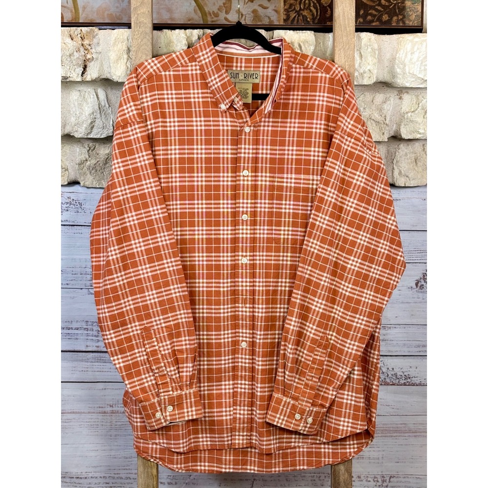 Sun River Mens XL Burnt Orange‎ Plaid Long Sleeve Cotton Button Down Shirt